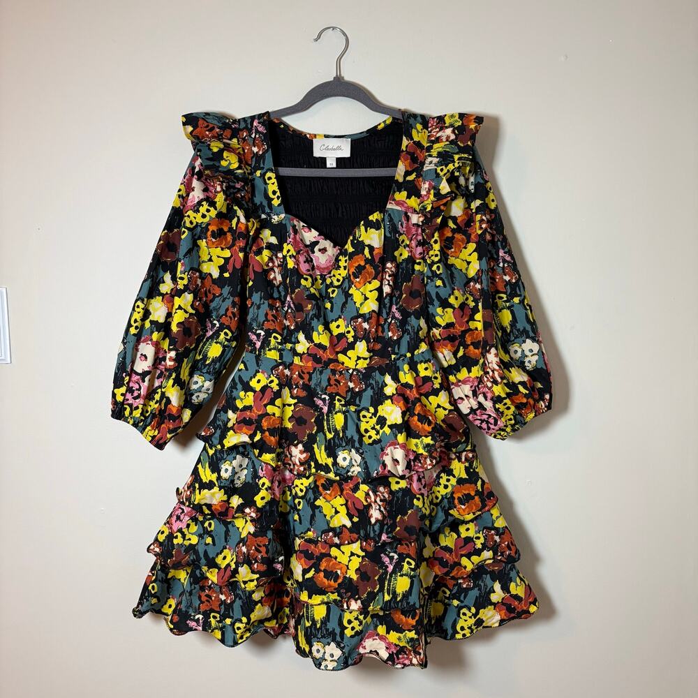 Cleobella (Anthro) Tiered Mini Dress Multi Floral XS Boho Cottagecore Whimsy